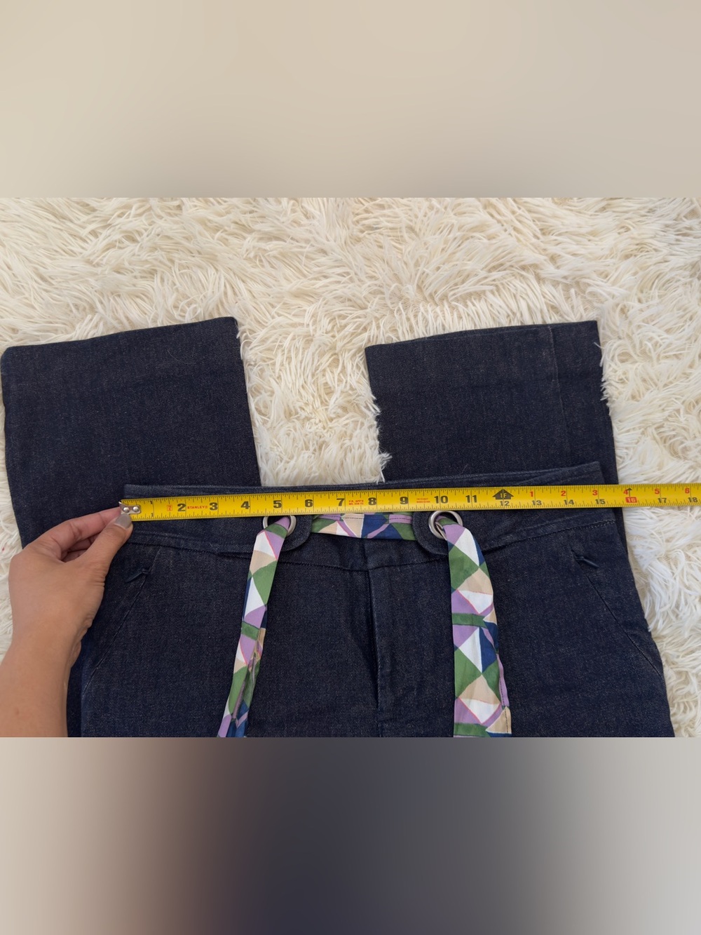 Anthropologie High-Rise Dark Indigo Jeans with Multicolor Geometric Tie - Picture 6 of 8